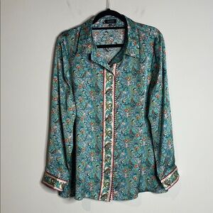 MIRTO | Women’s 100% Silk Bird Floral Print Button Down Blouse Size XL